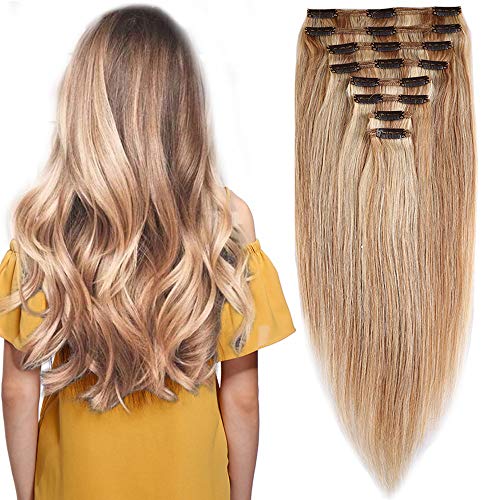 Extension Clip Capelli Veri Volumizzante - 25cm 110g - 8 Fasce Folte Double Weft Full Head 100% Remy Human Hair Lisci, 18/#613 Beige Sabbia Biondo/Biondo Chiarissimo